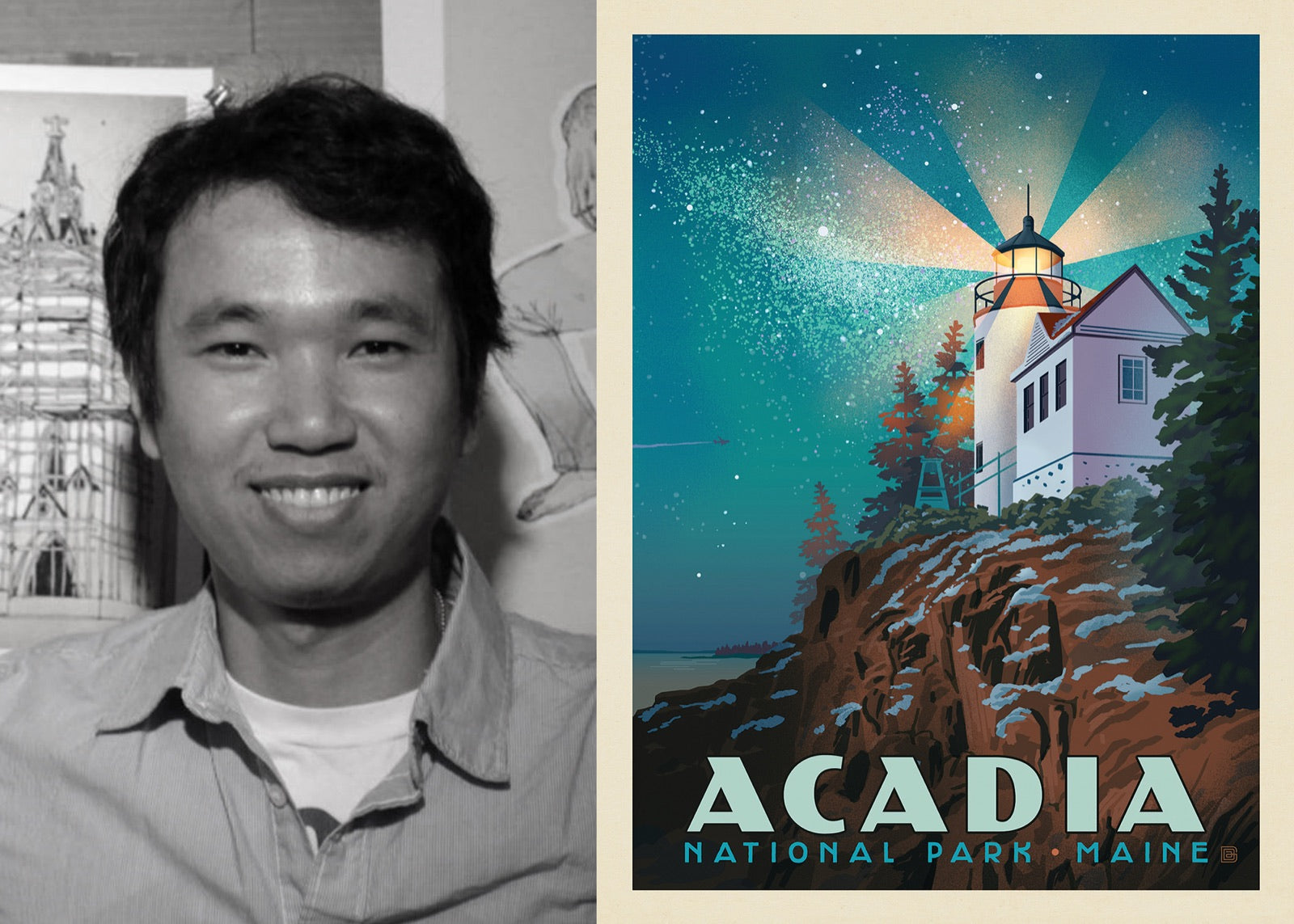 Nguyen Tran beside one of their poster designs